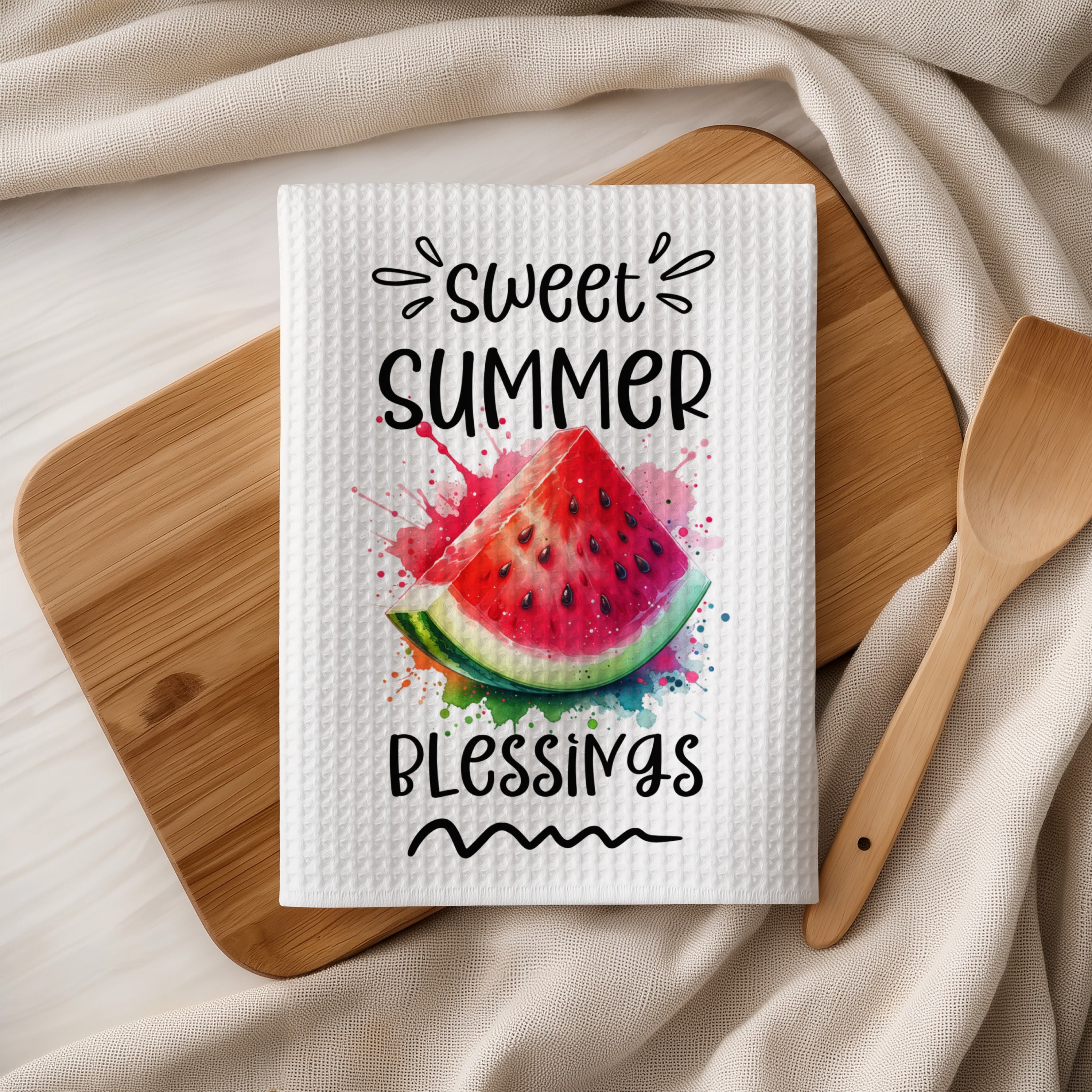 Kitchen towel with watercolor watermelon and "sweet blessings" text.