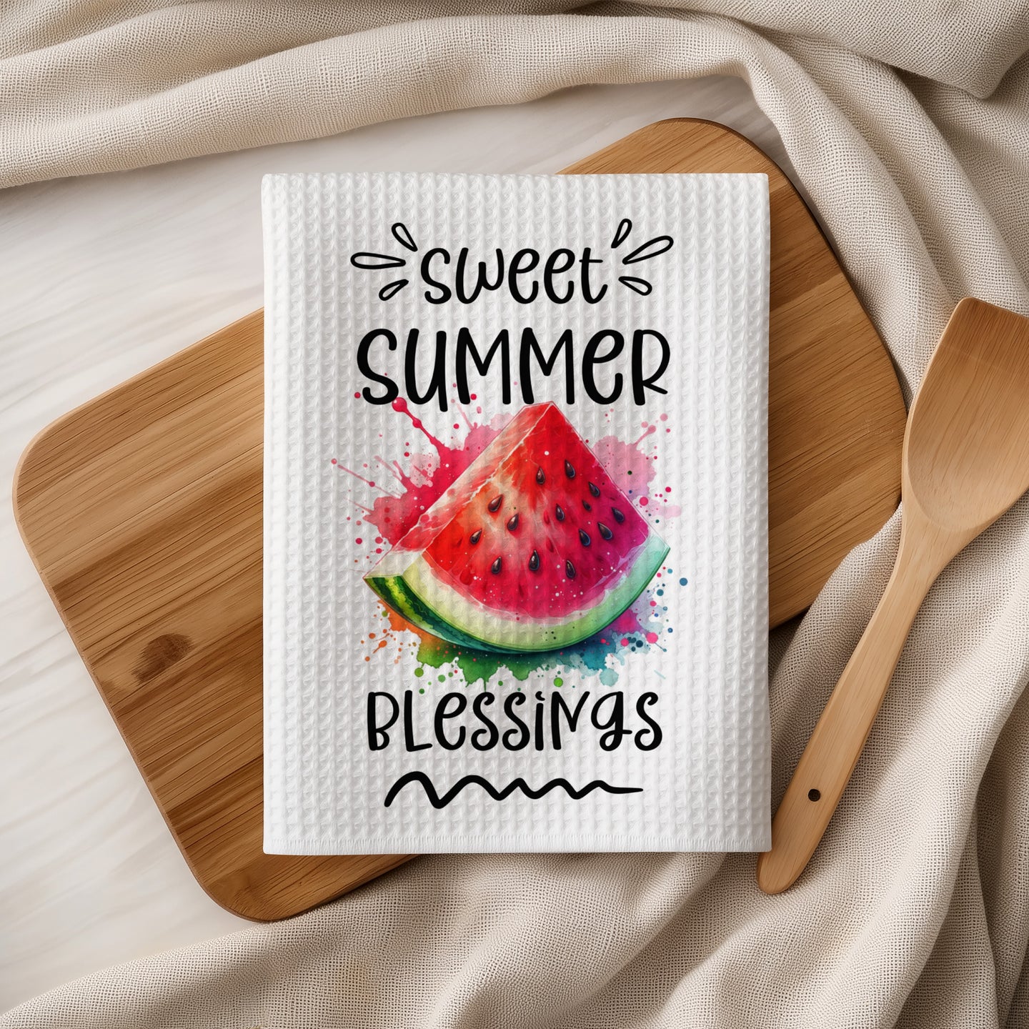 Kitchen towel with watercolor watermelon and "sweet blessings" text.