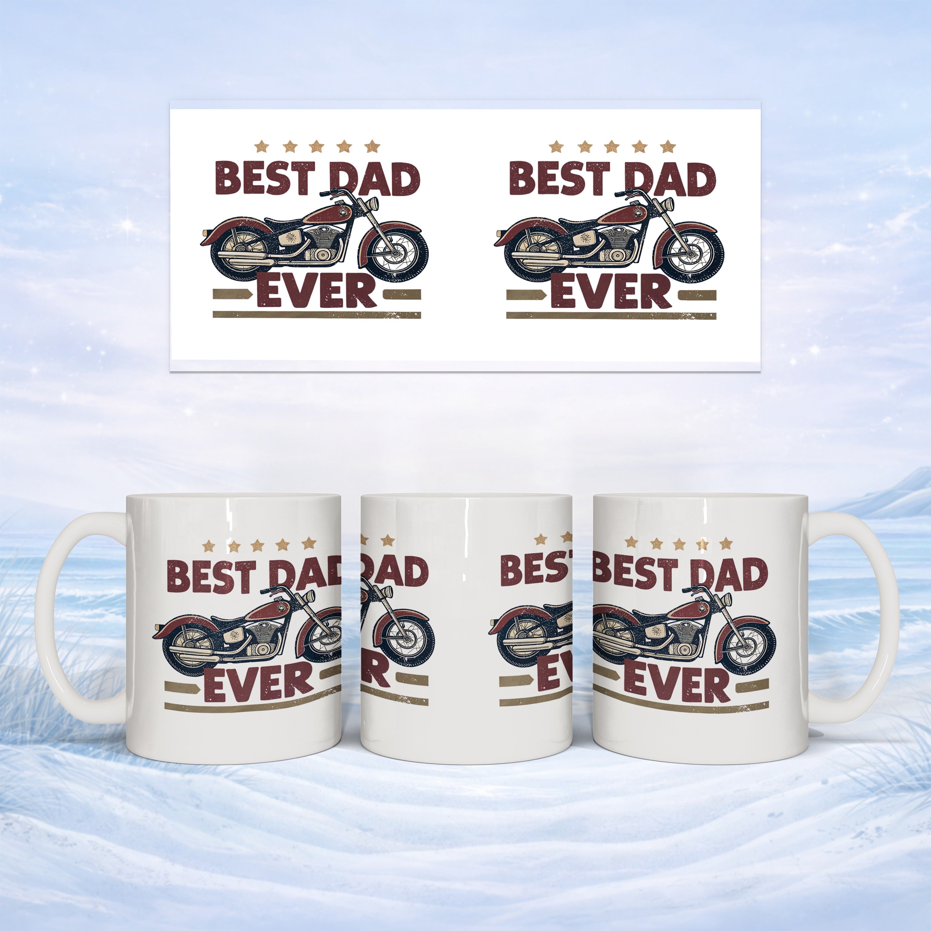White mug with "Best Dad Ever" and motorcycle graphic.