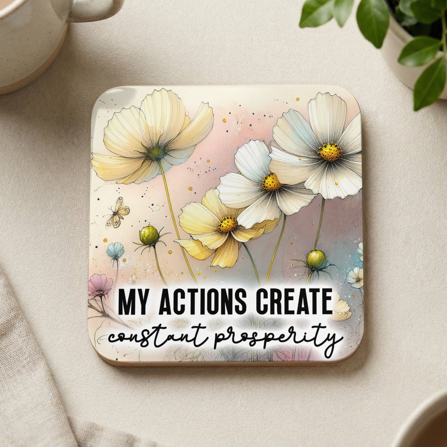 Square coaster with white and yellow cosmos flowers and "MY ACTIONS CREATE constant prosperity" text.