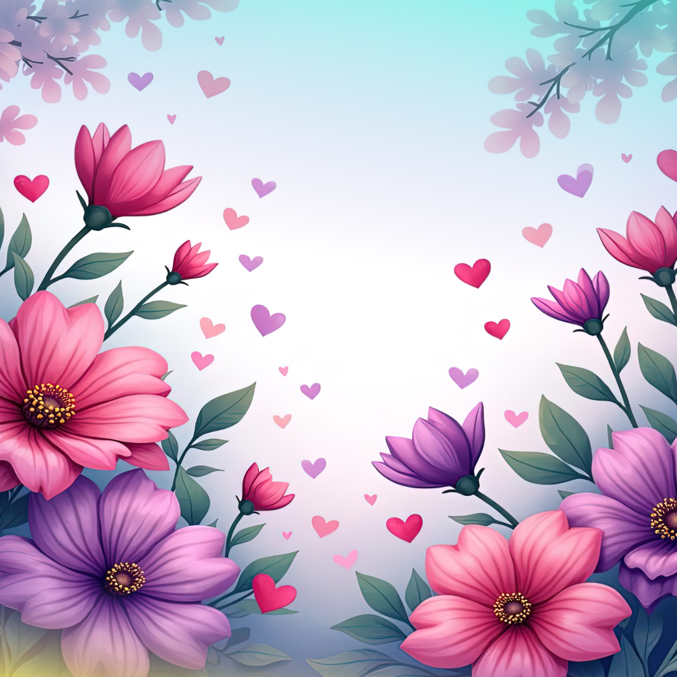 Pink and purple flowers with hearts against a soft blue and green background.