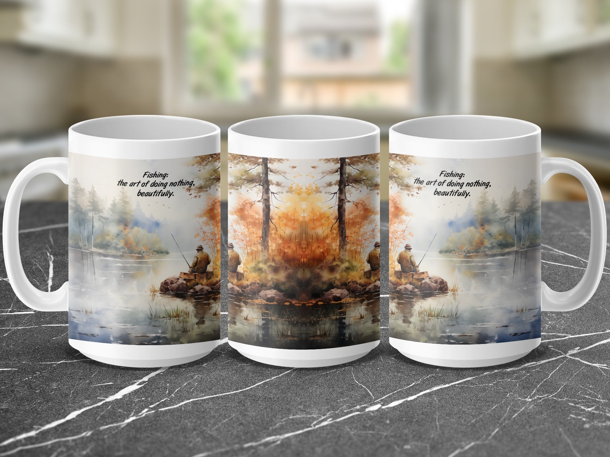 White mug with watercolor art of a lone angler by a lake, text "Fishing: the art of doing nothing, beautifully."