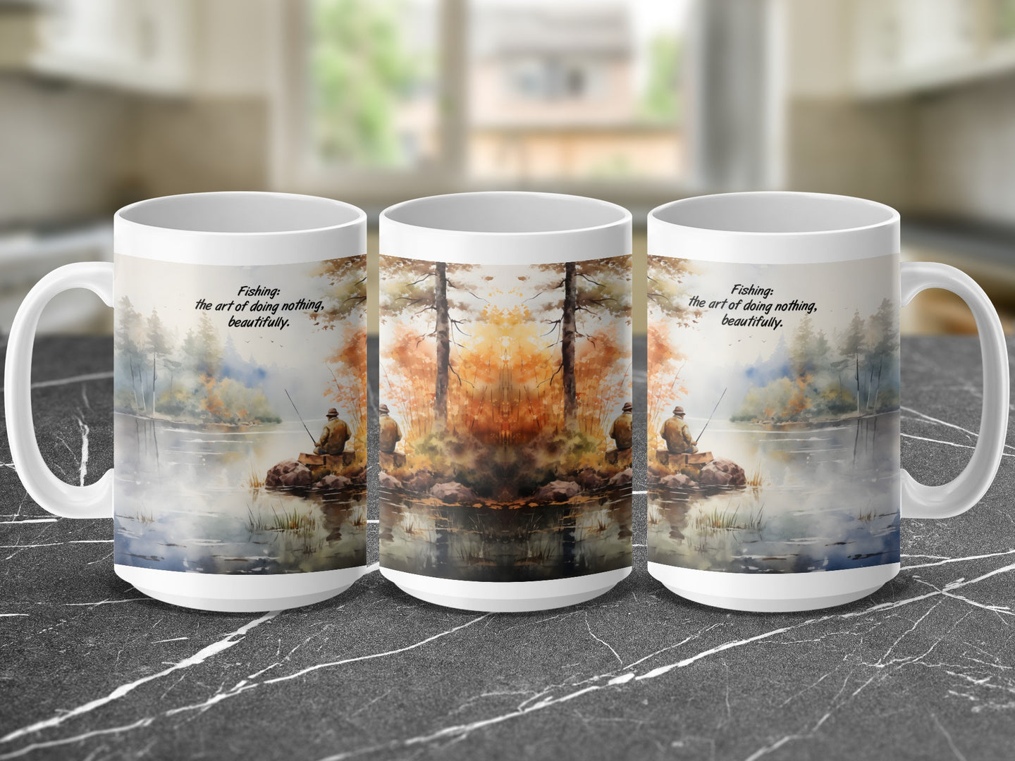 White mug with watercolor art of a lone angler by a lake, text "Fishing: the art of doing nothing, beautifully."