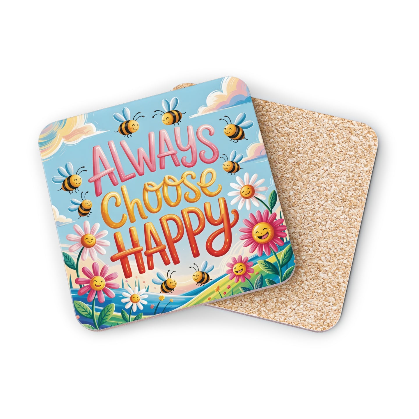 Coasters with bees, flowers, and "Always Choose Happy" text on a blue sky background.