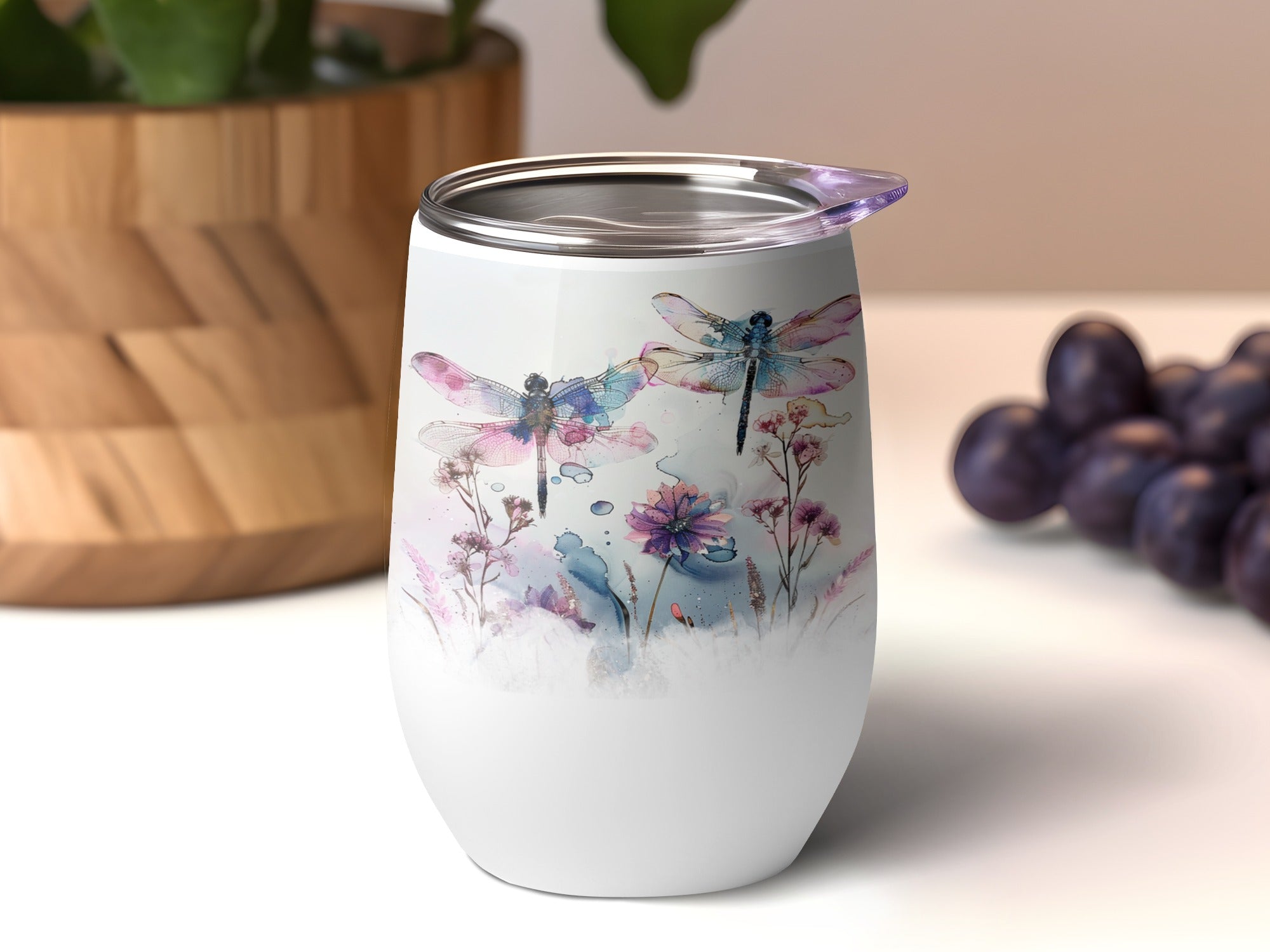 White wine tumbler with dragonflies and floral watercolor design.