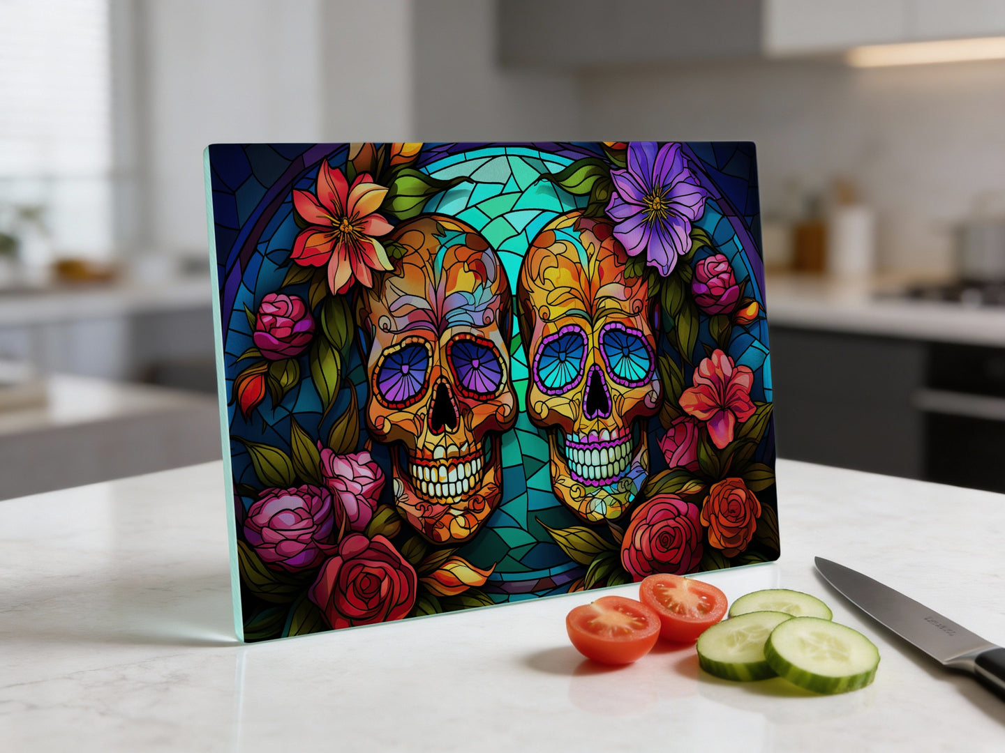 Two stained-glass-style skulls surrounded by flowers and greenery.