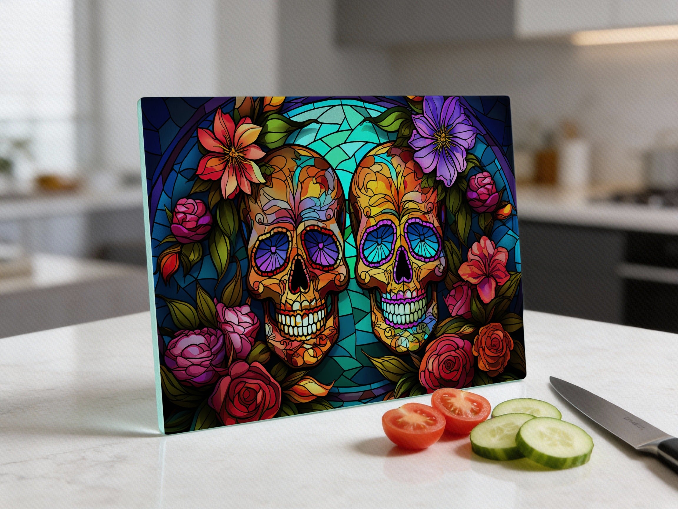 Two stained-glass-style skulls surrounded by flowers and greenery.