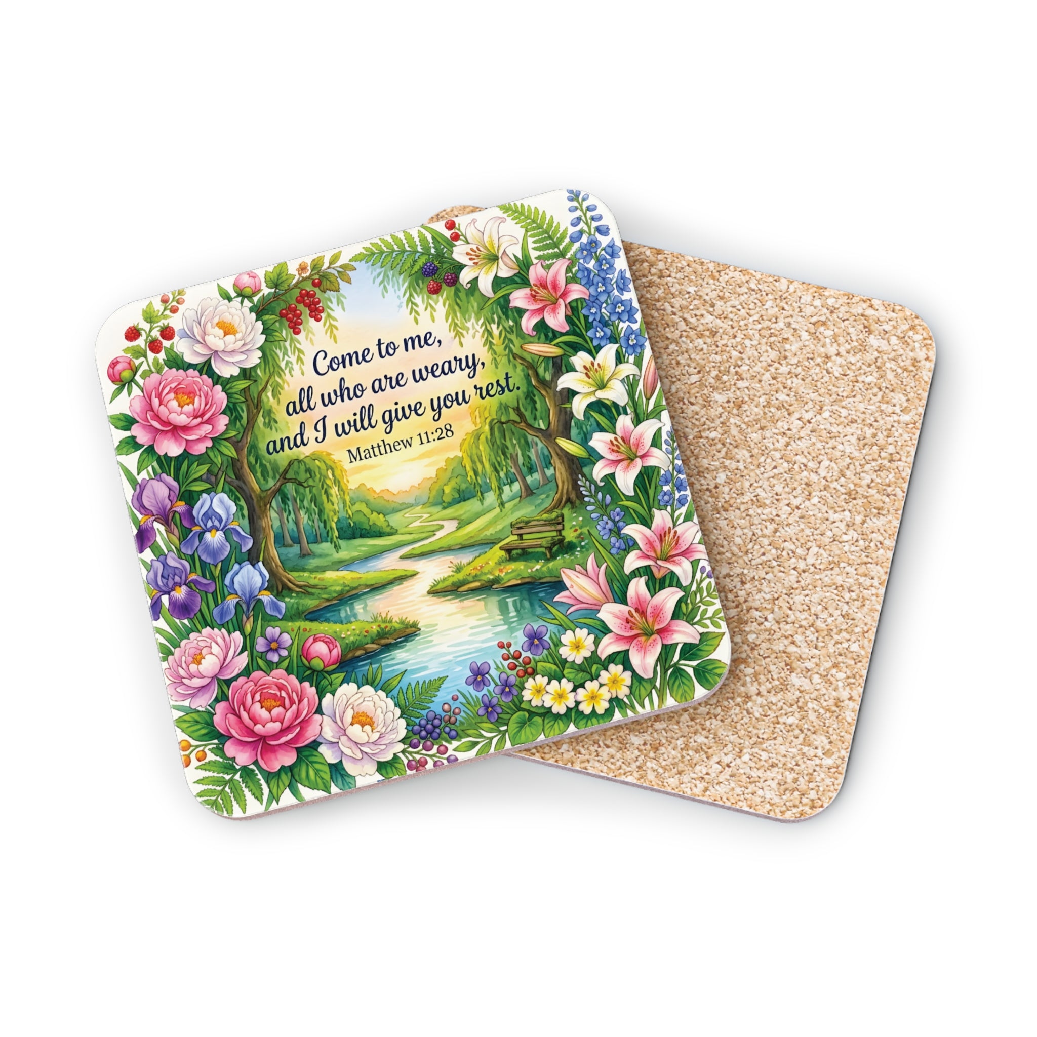 Floral landscape coaster with Bible verse "Come to me, all who are weary..."