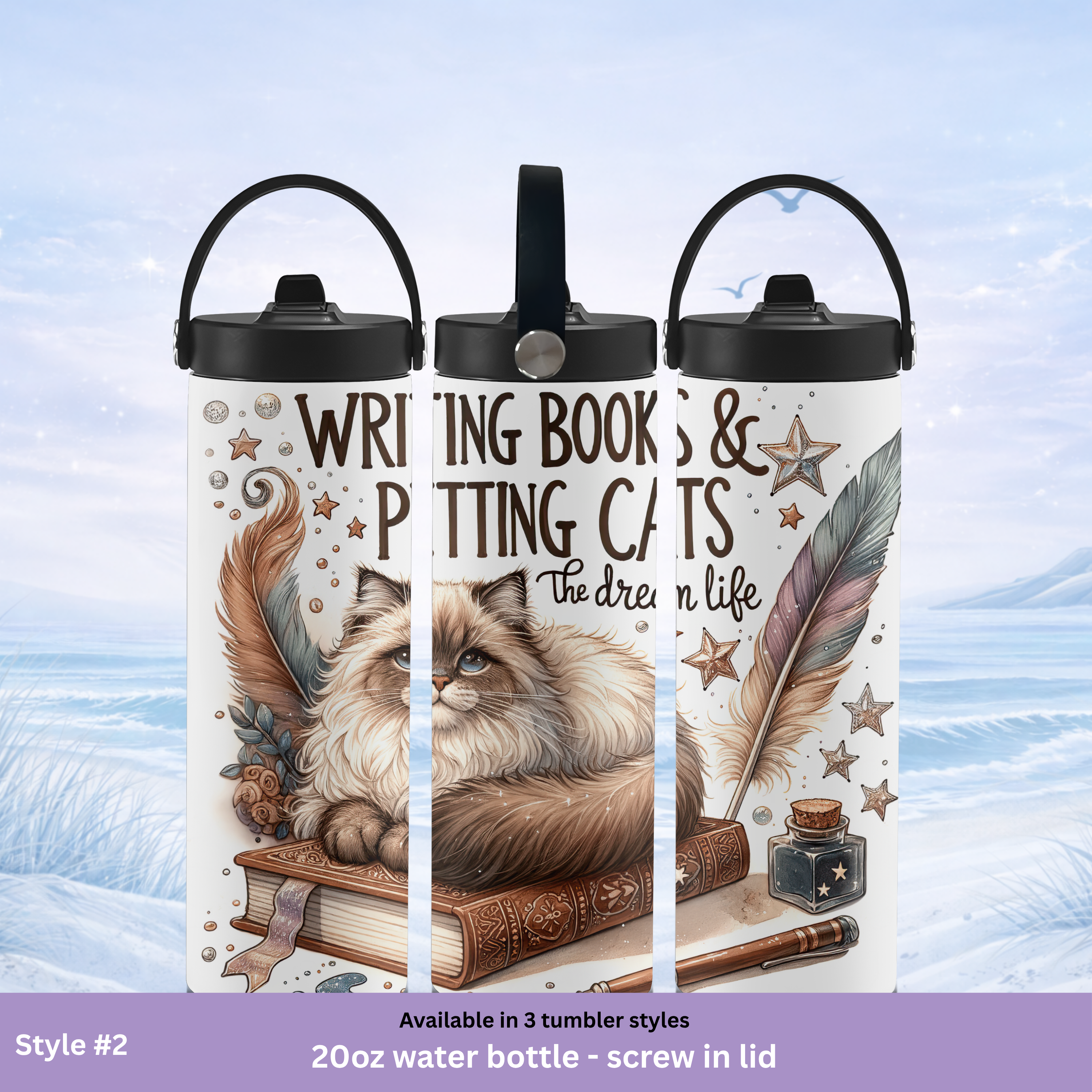cat reading tumbler 20 oz insulated coffee cup