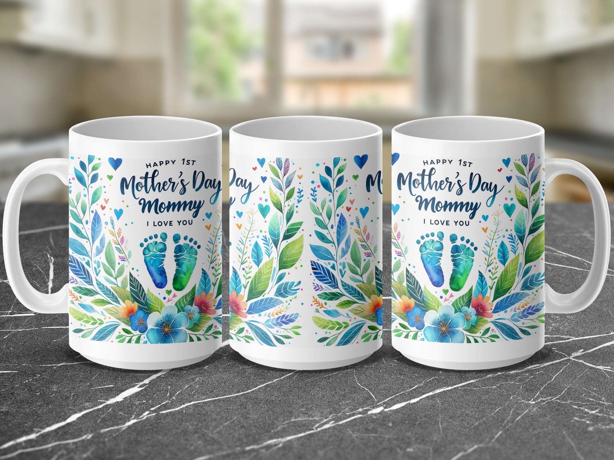 Mug with "Happy 1st Mother's Day I Love You" and floral footprints.