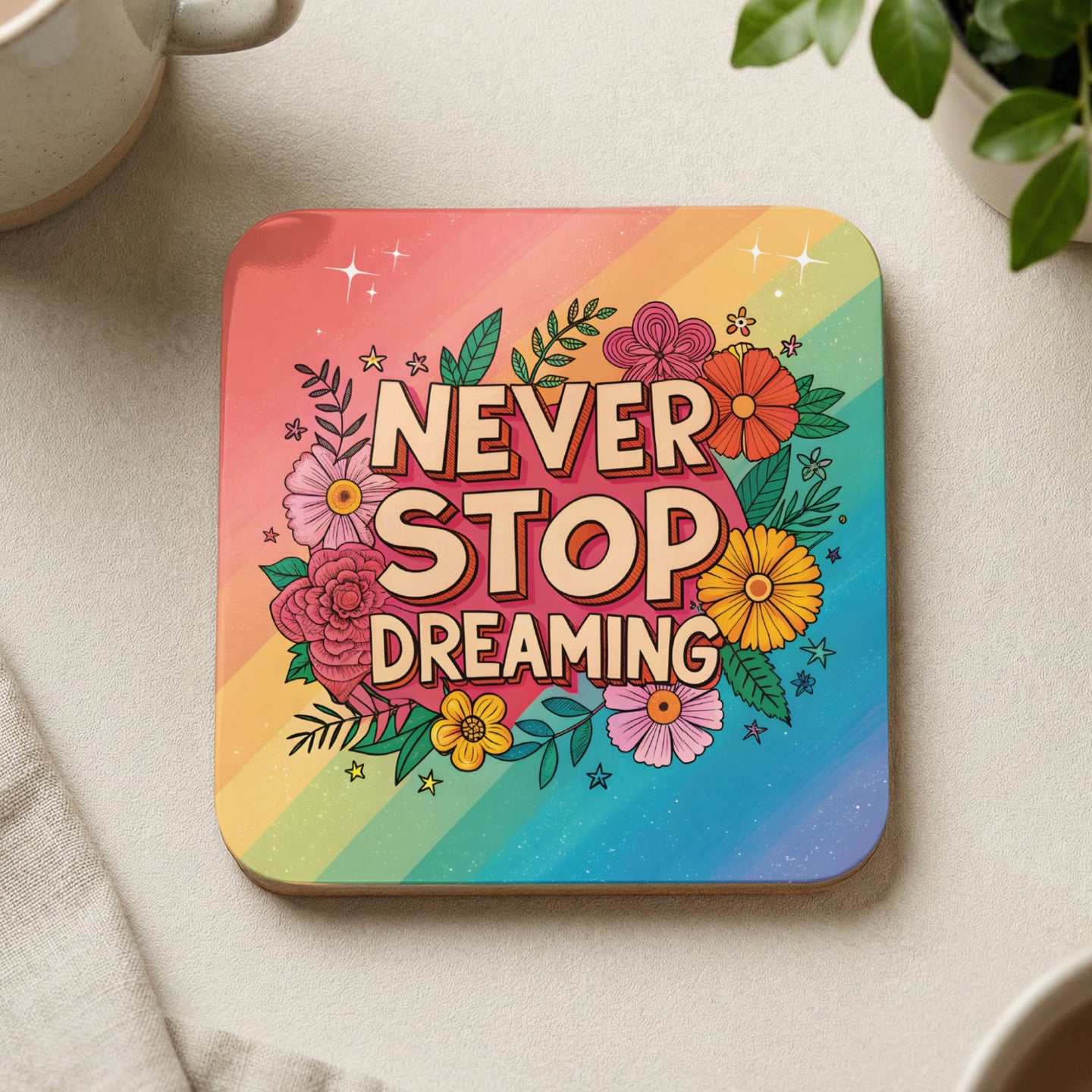 Square coaster with "Never Stop Dreaming" text and colorful rainbow background.