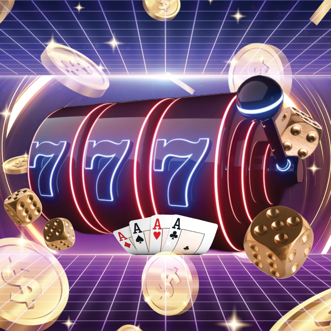 Slot machine with glowing 7s, cards, and dice on a grid background.
