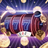 Slot machine with glowing 7s, cards, and dice on a grid background.