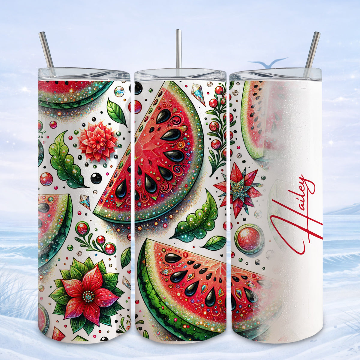 Watermelon slices and poinsettias pattern on a tumbler.