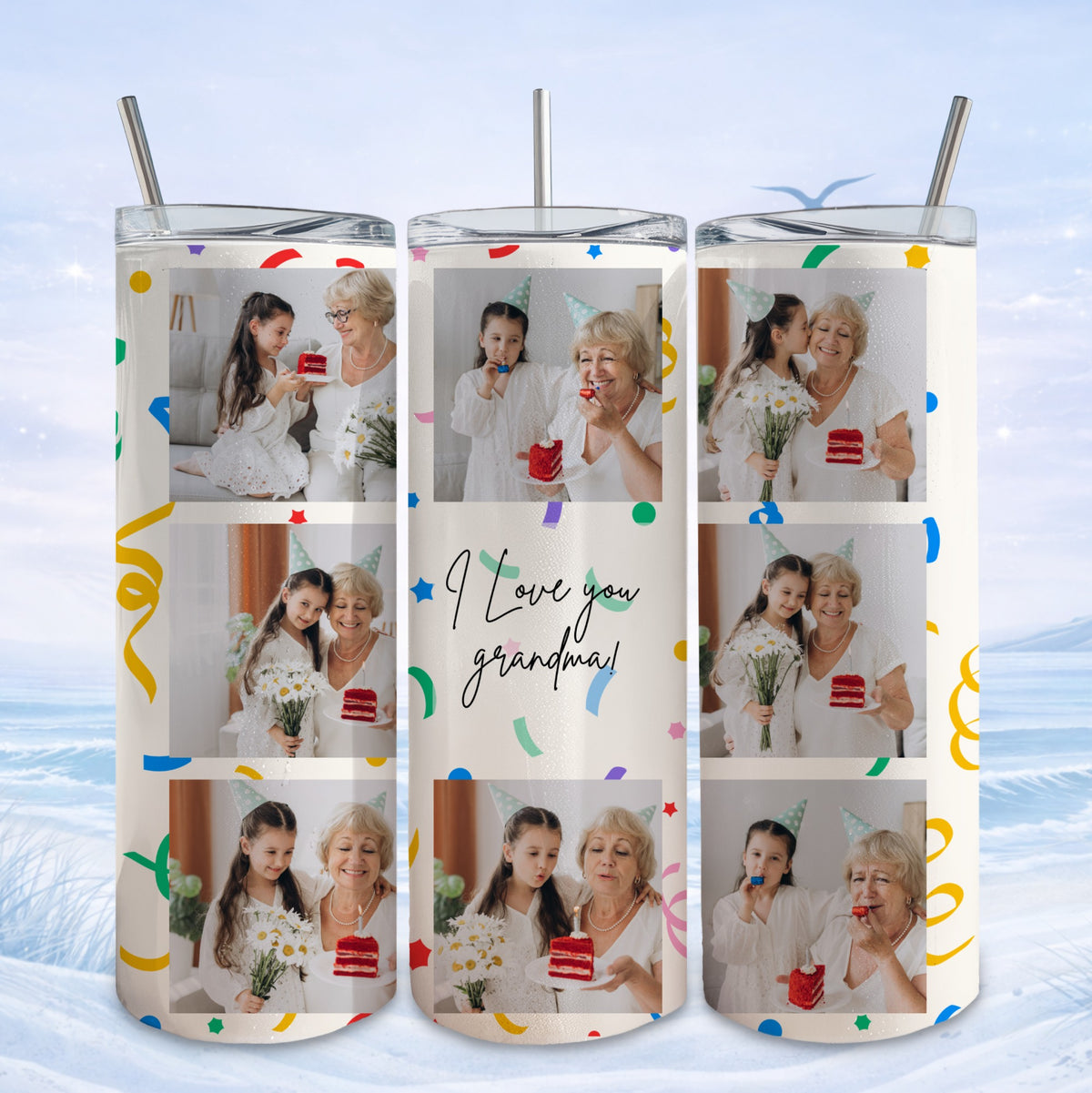 Three tumblers featuring a collage of photos with a grandma and granddaughter celebrating.