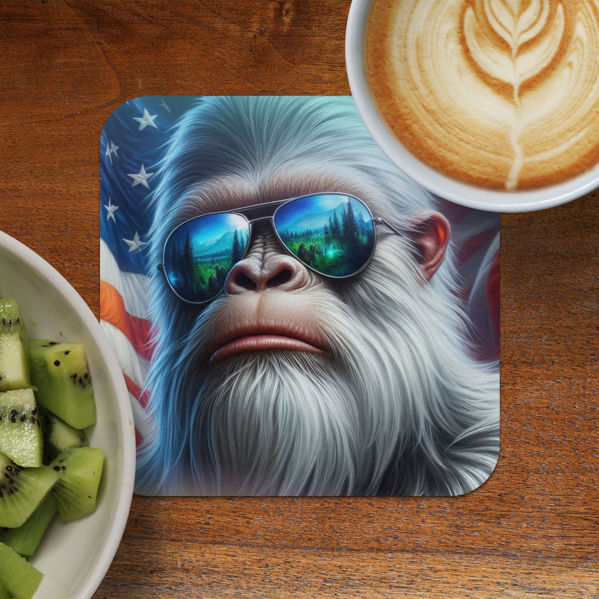 White Bigfoot wearing sunglasses with American flag and mountain reflection.