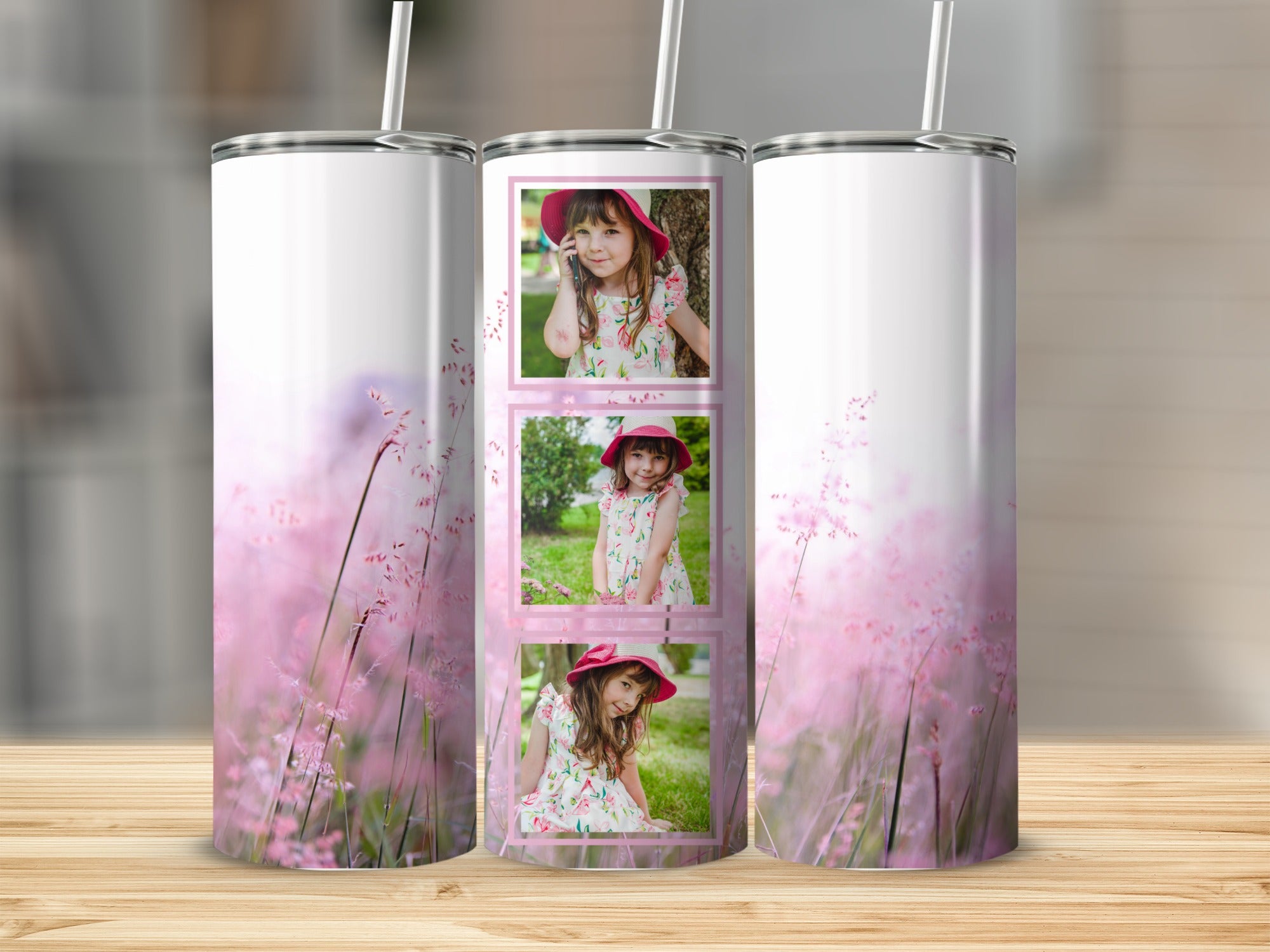 Tumbler with three photos of a girl in a pink hat, surrounded by pink flowers.