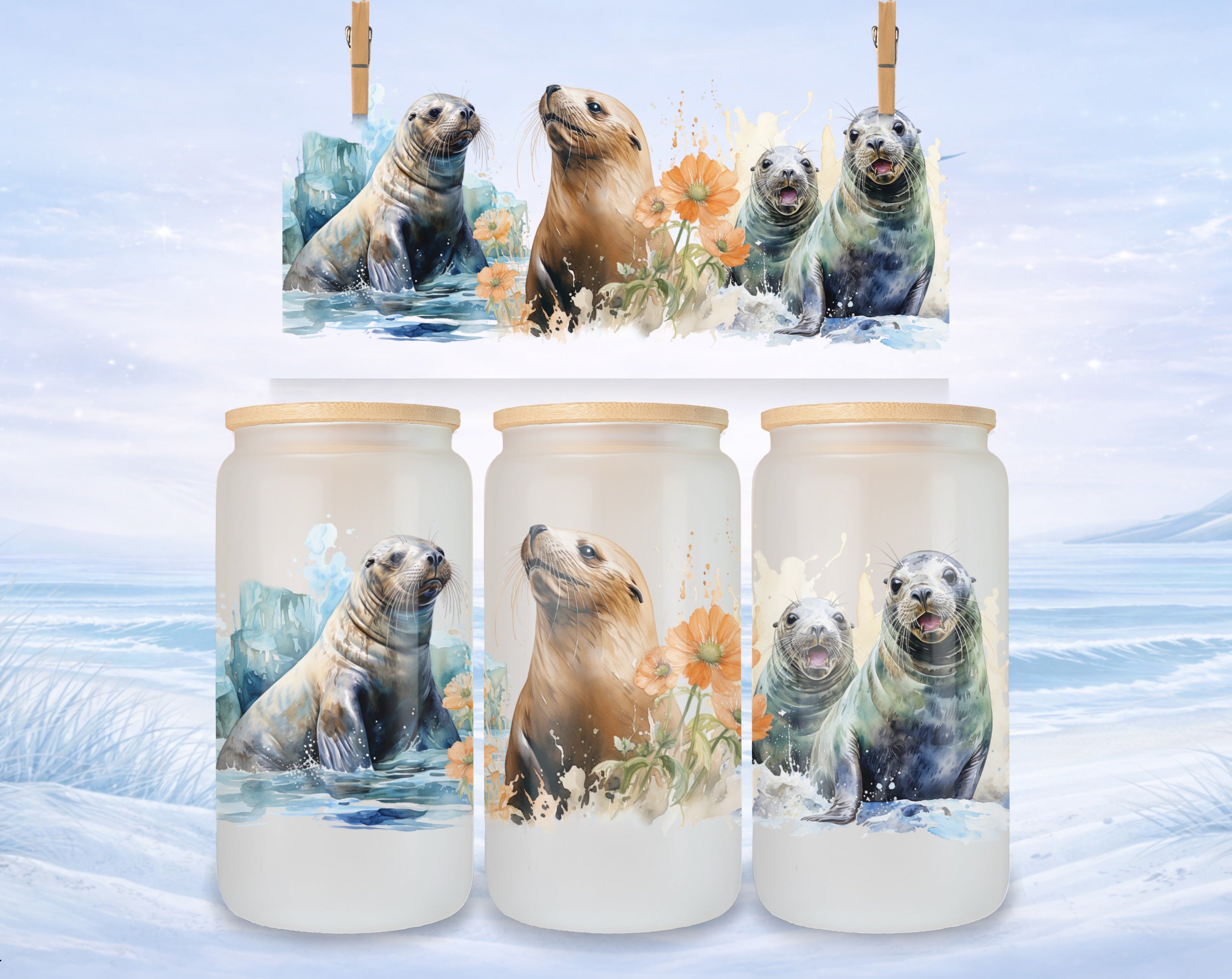 Three glass cups with seals and flowers, displayed on an icy background.