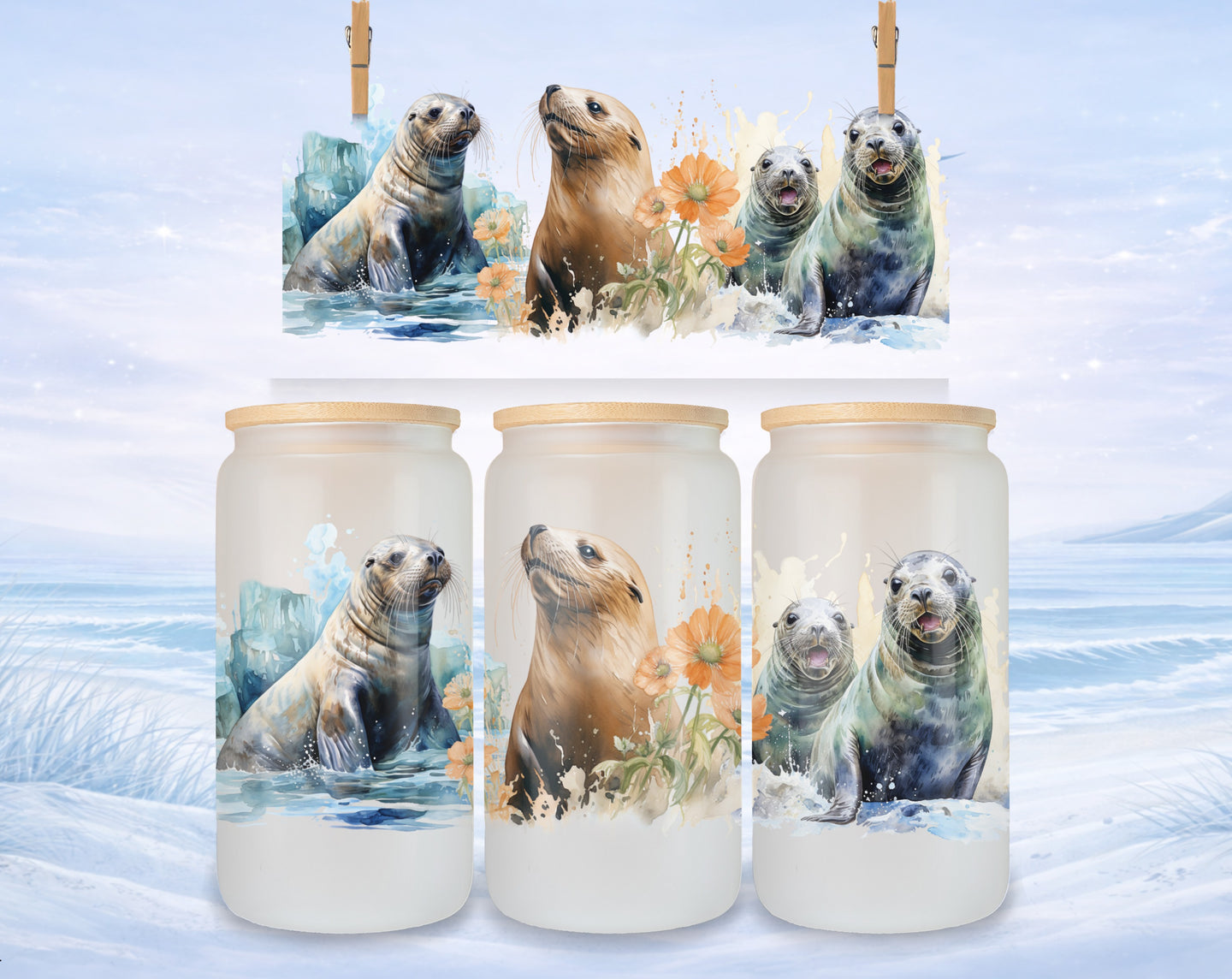 Three glass cups with seals and flowers, displayed on an icy background.