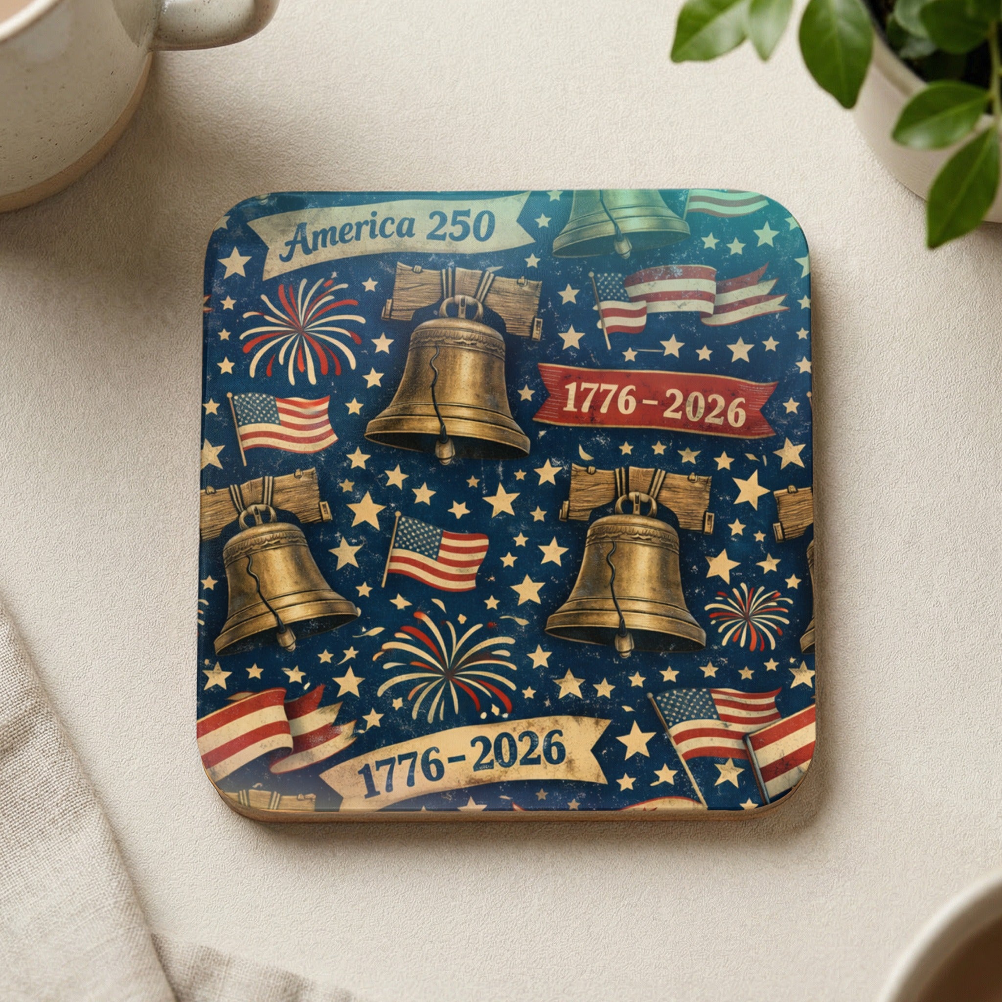 Liberty Bell and fireworks pattern with "America 250" and dates.
