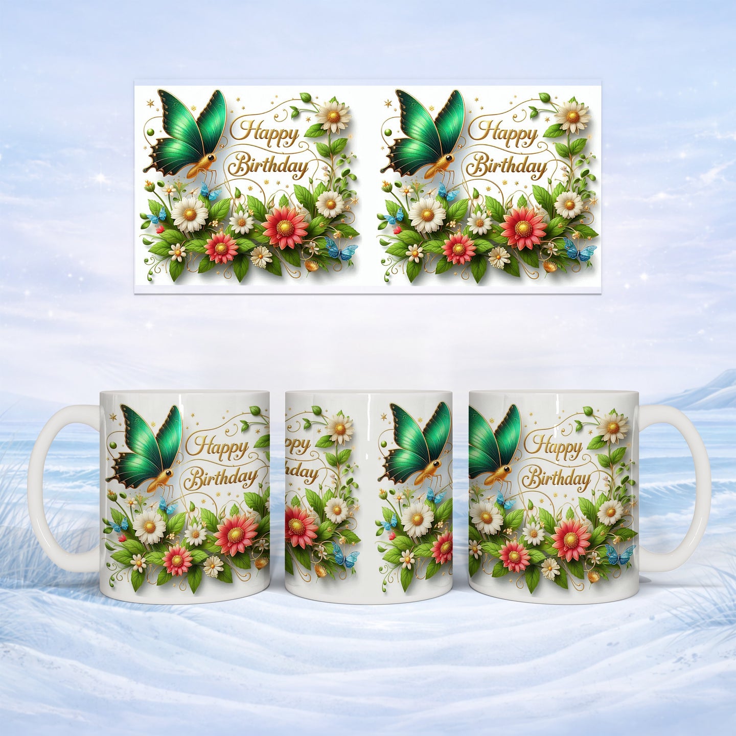 Mug with "Happy Birthday" text and floral butterfly design.