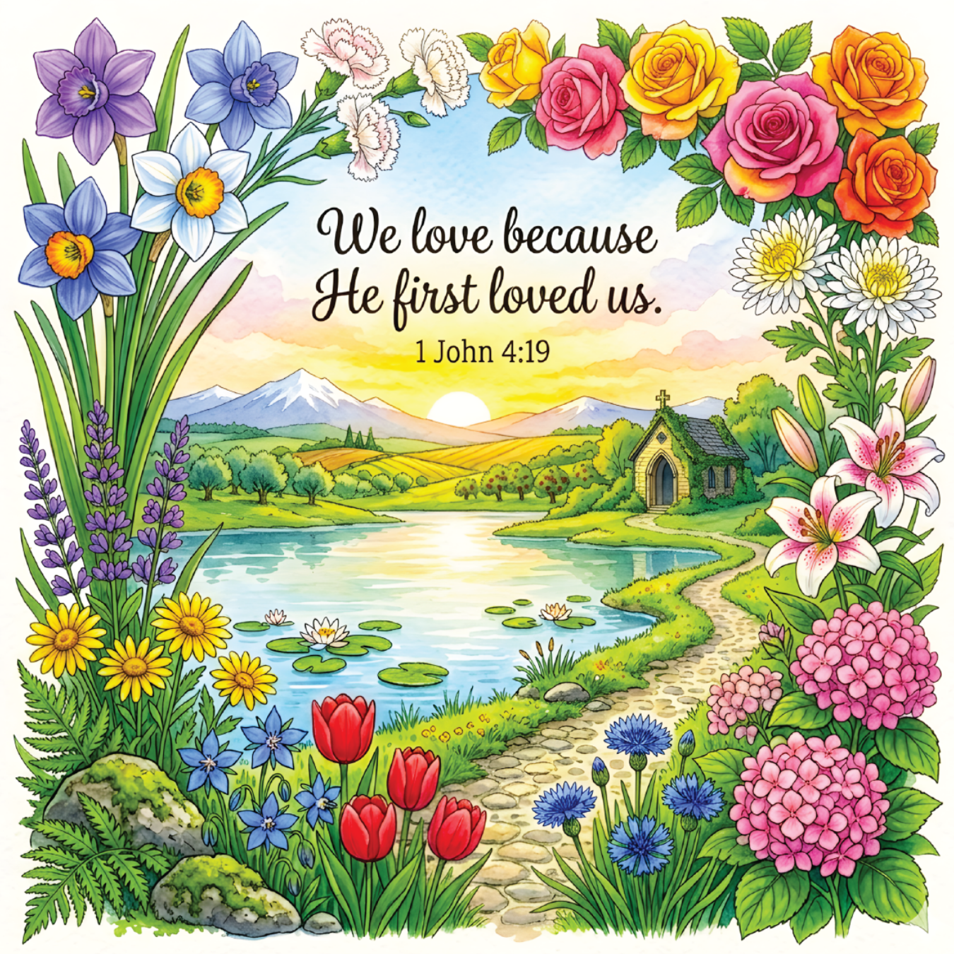 Watercolor landscape with text "We love because He first loved us. 1 John 4:19".