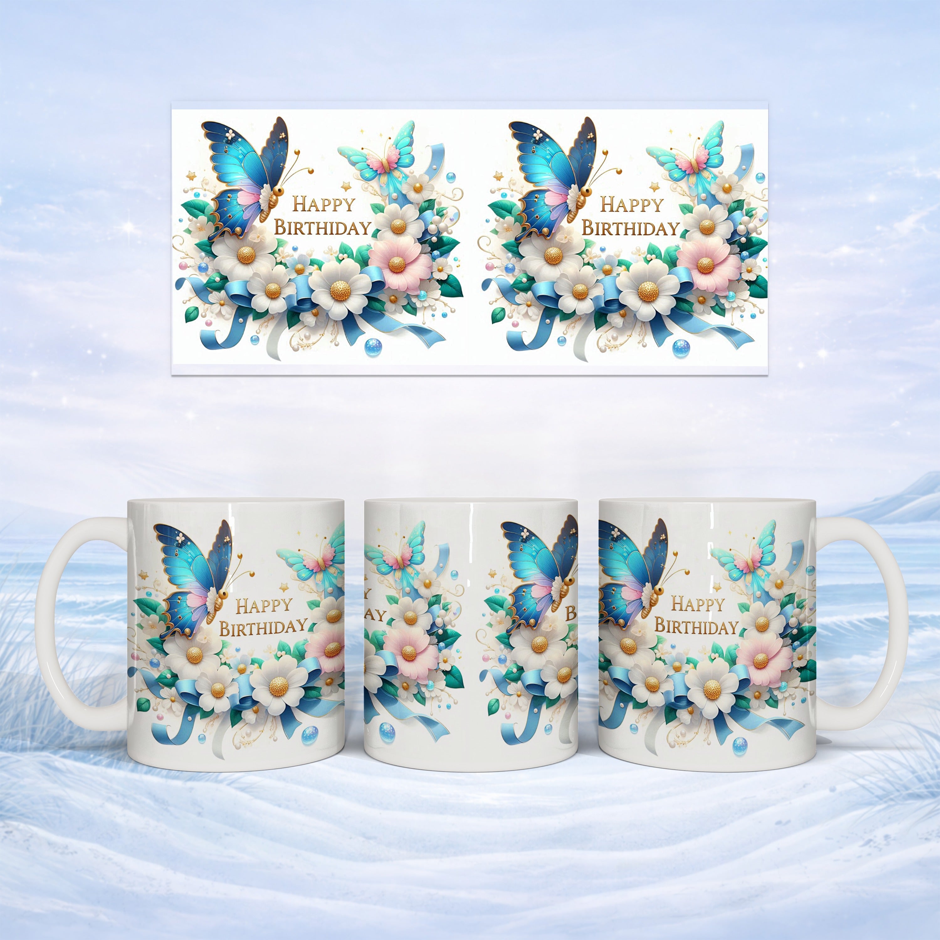 Blue butterflies and flowers adorn a mug with "Happy Birthday" text.