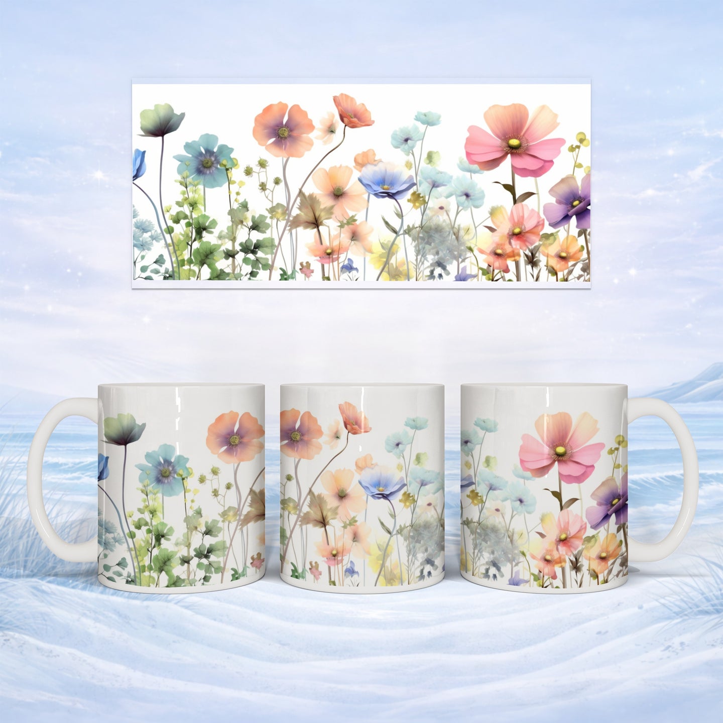 Mug with floral watercolor art, featuring poppies and wildflowers against a muted background.