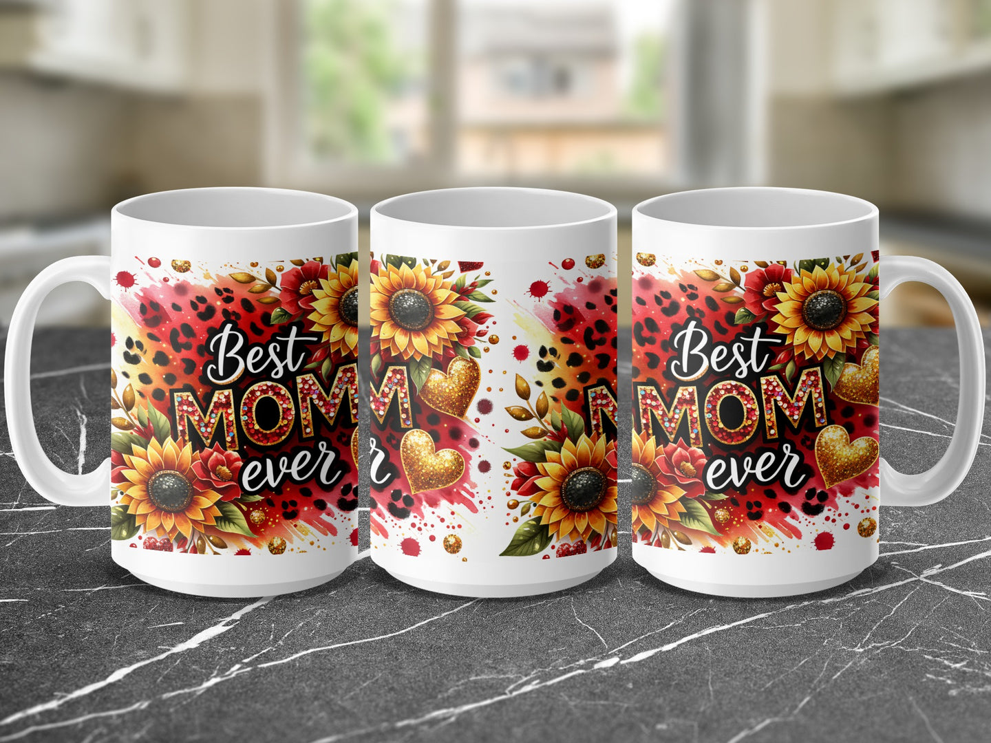 Mug with "Best Mom Ever" text, sunflowers, leopard print, and gold hearts.