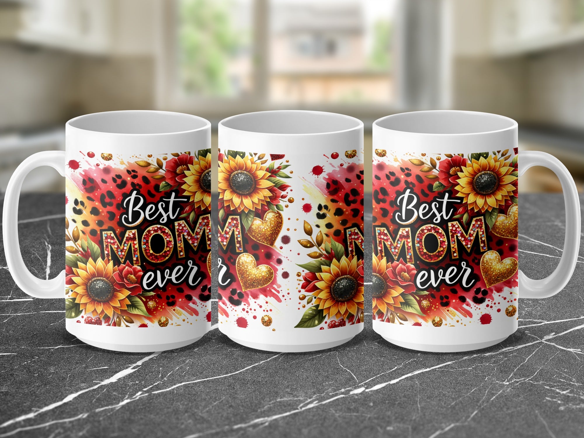 Mug with "Best Mom Ever" text, sunflowers, leopard print, and gold hearts.