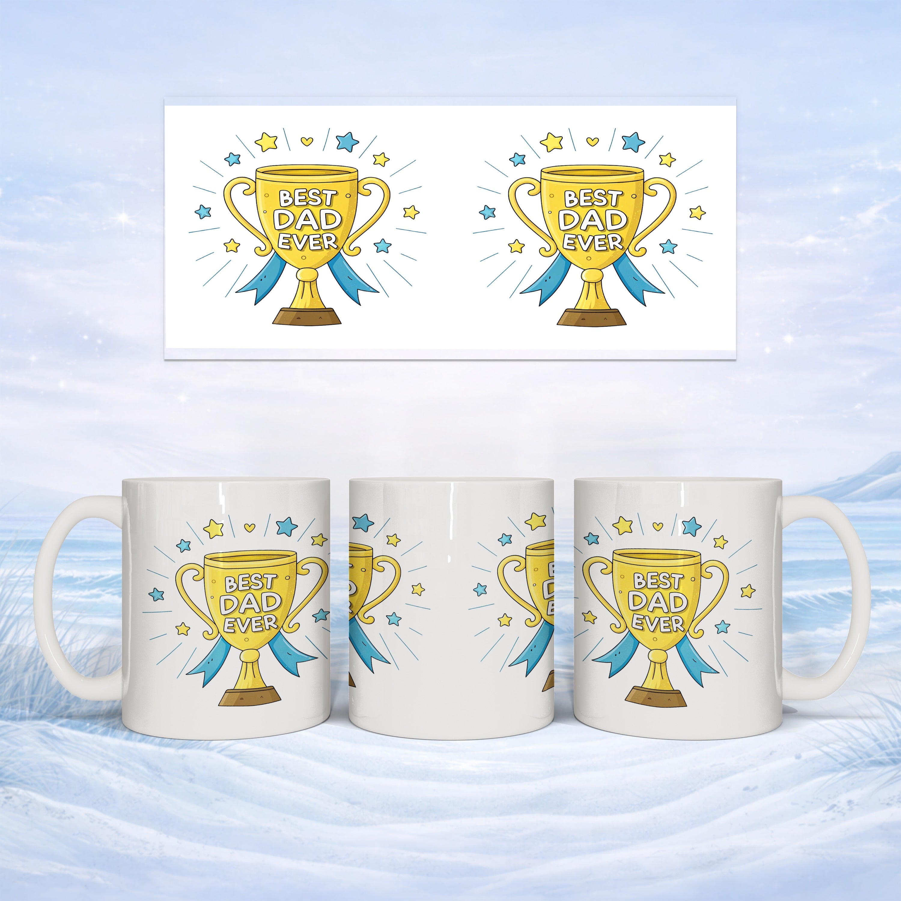 Mug with "Best Dad Ever" trophy design, presented in three views.