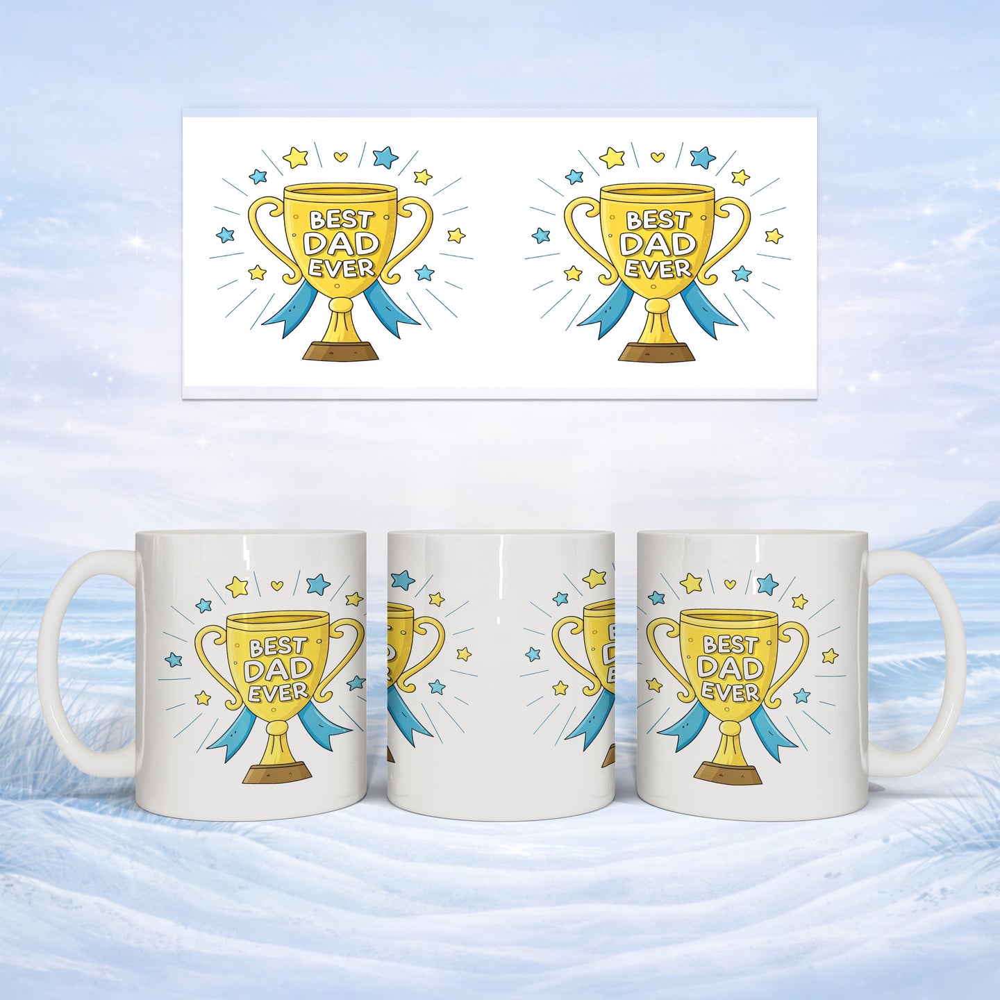 Mug with "Best Dad Ever" trophy design, presented in three views.