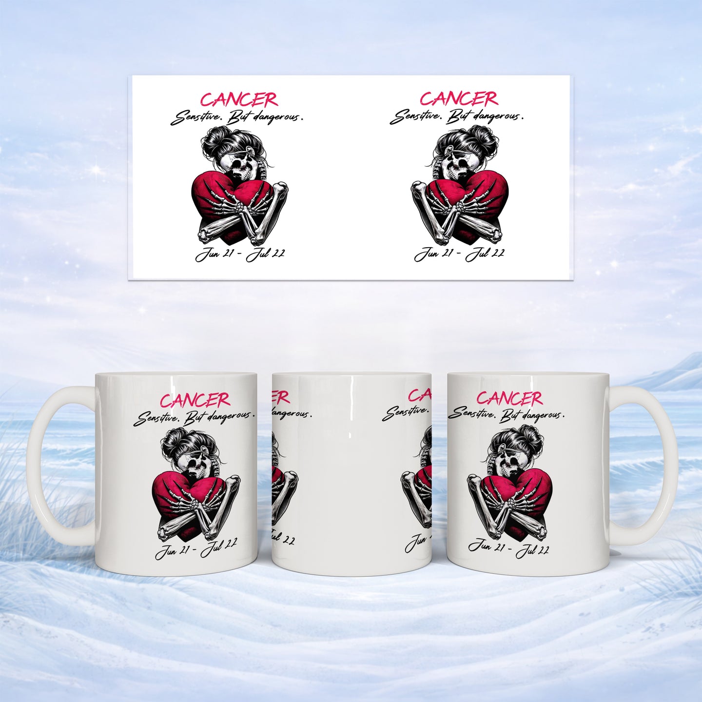 Mug featuring Cancer zodiac sign with skull holding heart.