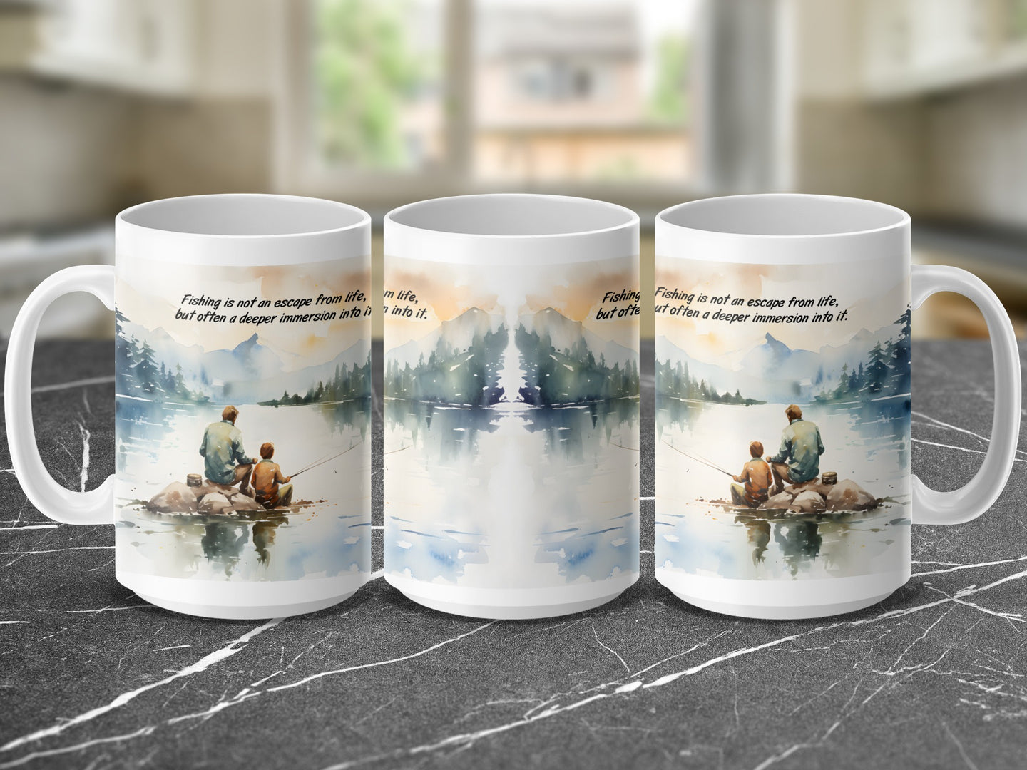 Three mugs featuring watercolor art of anglers fishing, with text about immersion.