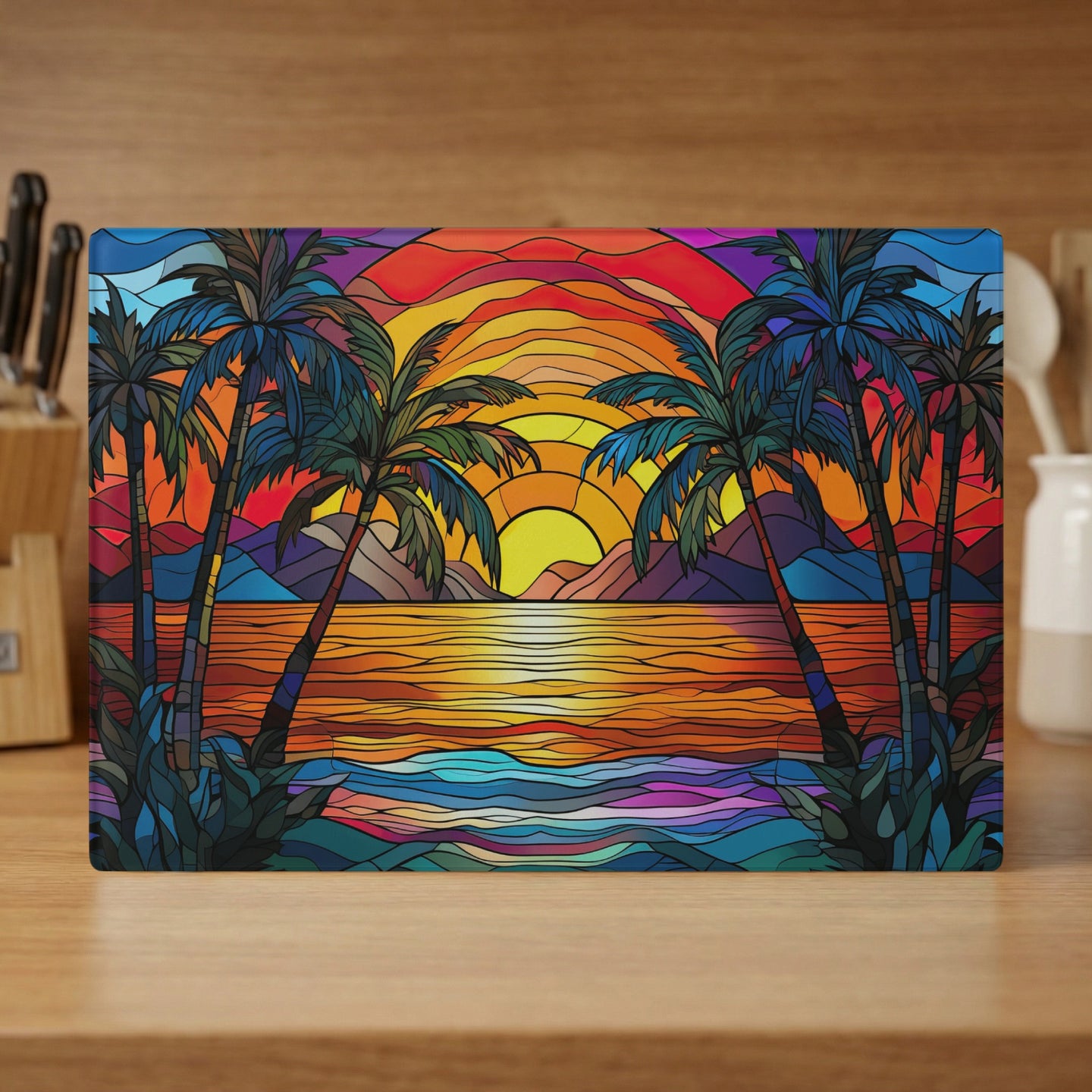 Stained glass sunset with palm trees over ocean and mountains.