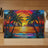 Stained glass sunset with palm trees over ocean and mountains.