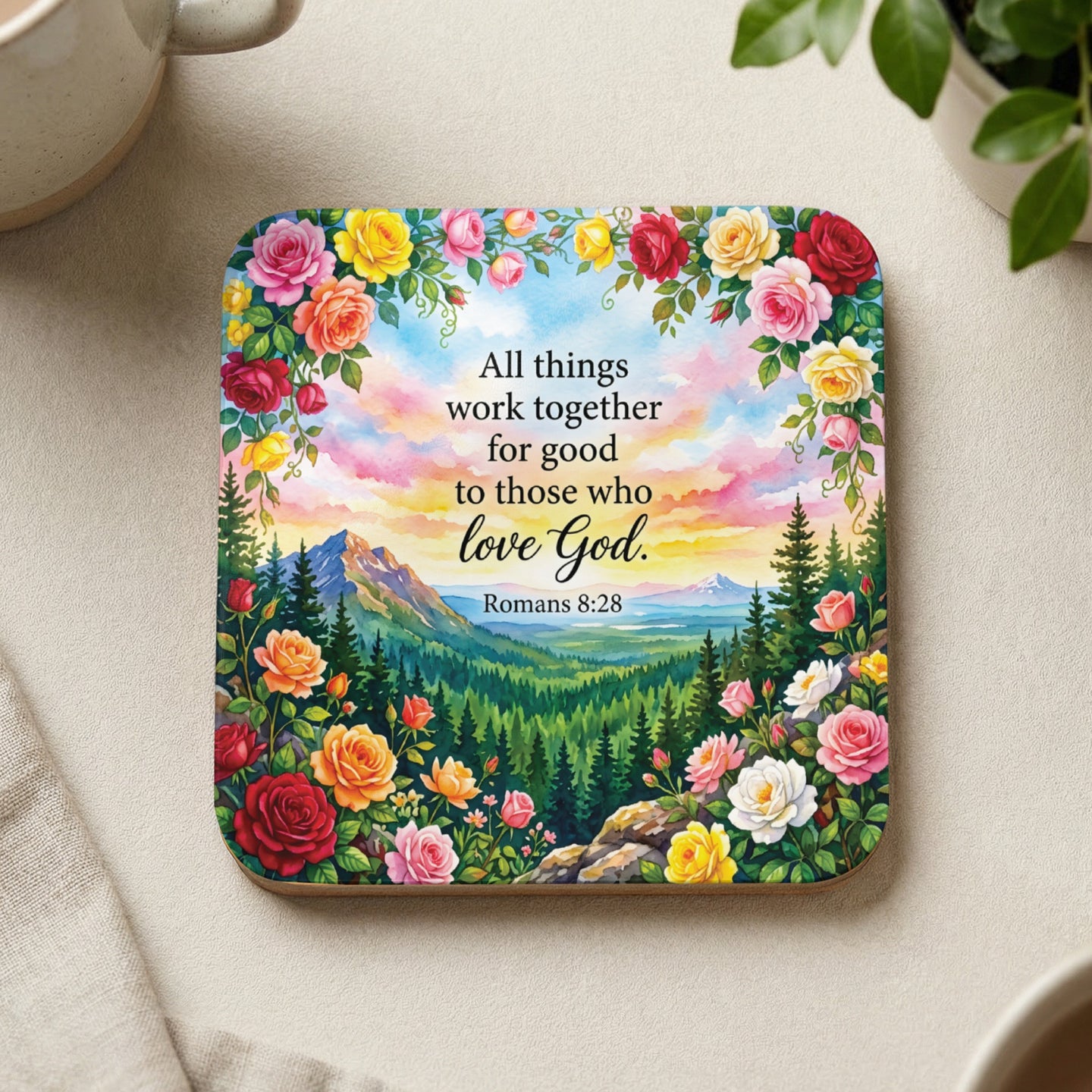 Square coaster with floral border and Romans 8:28 scripture.