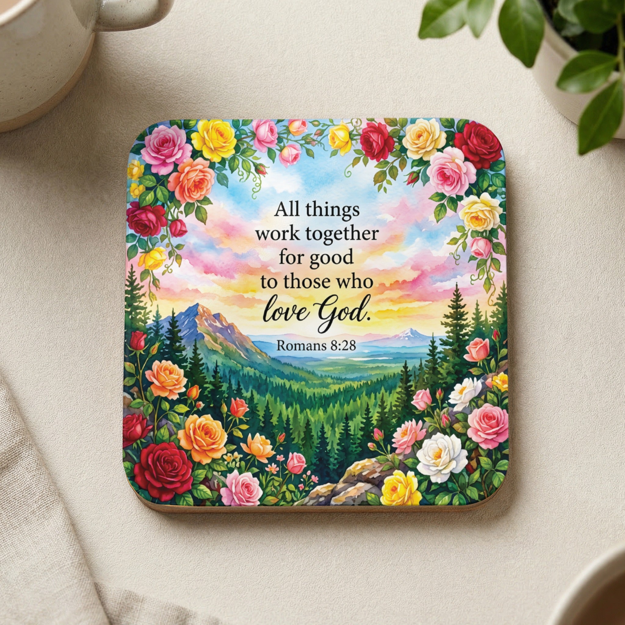 Square coaster with floral border and Romans 8:28 scripture.