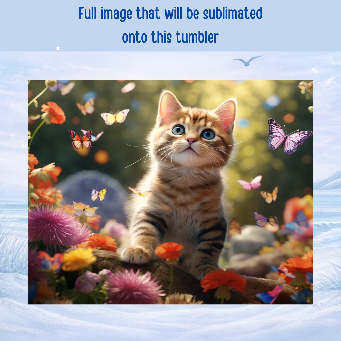 Kitten sitting in a meadow with butterflies and flowers, for sublimation.