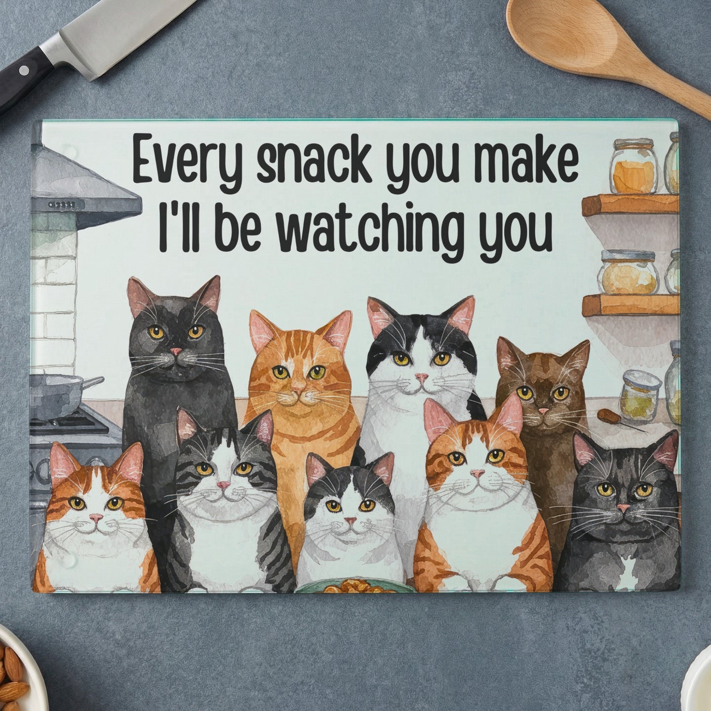 Ten cats with "Every snack you make I'll be watching you" text.