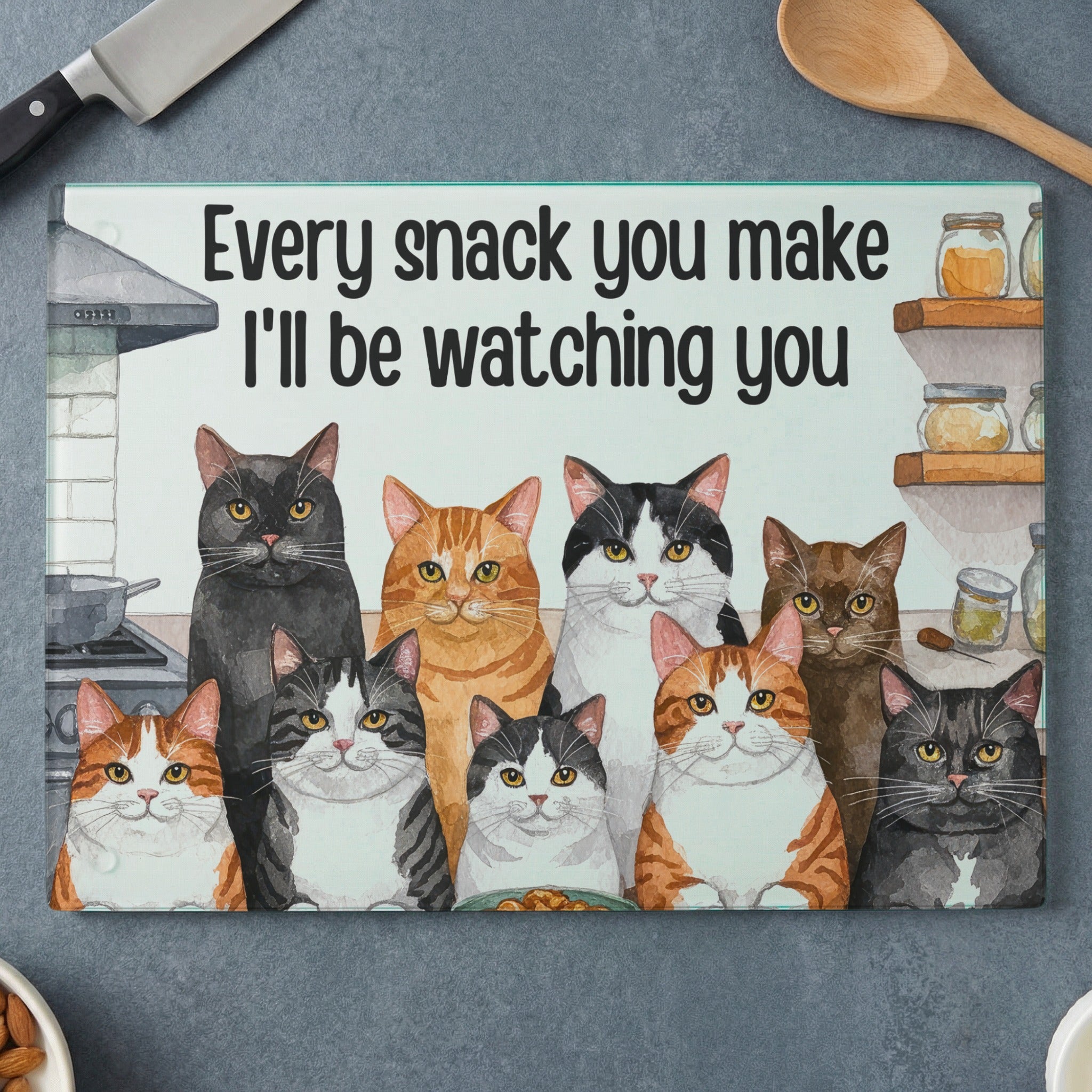 Ten cats with "Every snack you make I'll be watching you" text.