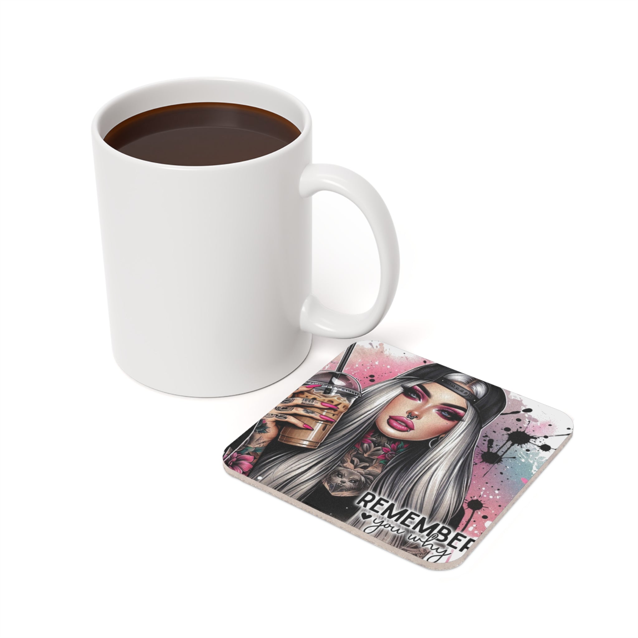 White mug and square coaster with tattooed woman holding coffee cup, "REMEMBER YOU WILL DIE" text.