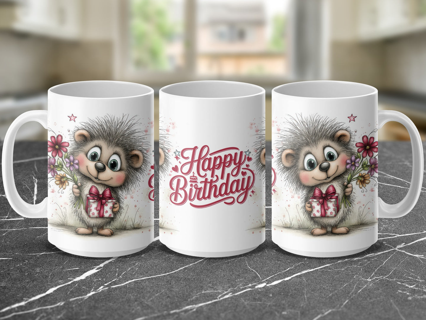 Mug with hedgehog holding gift, "Happy Birthday" text.