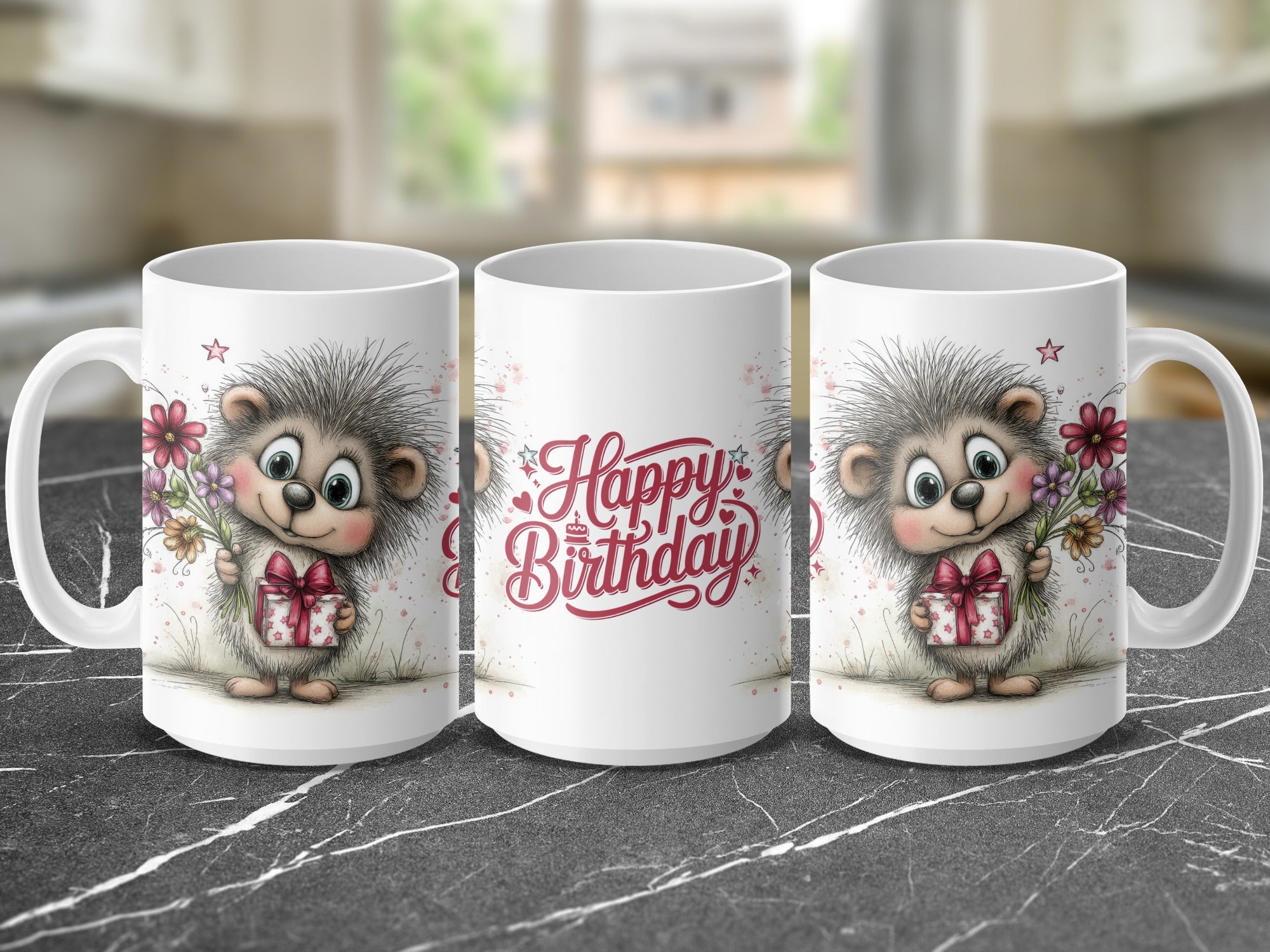 Mug with hedgehog holding gift, "Happy Birthday" text.