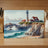 Watercolor painting of a lighthouse on a rocky cliff with crashing waves.