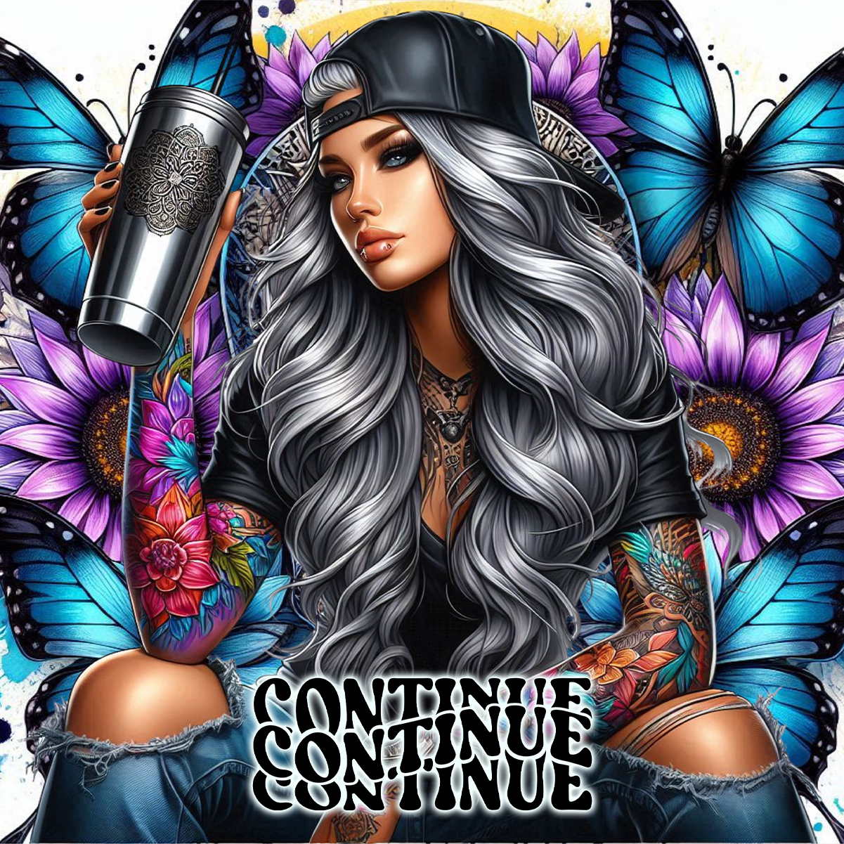 Woman with tattoos and silver tumbler sits in front of butterflies and flowers.