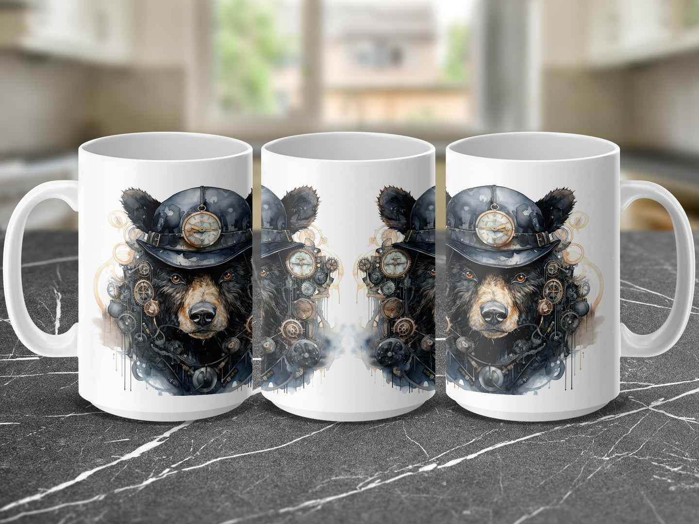 Three mugs featuring a steampunk bear wearing a hat with gears.