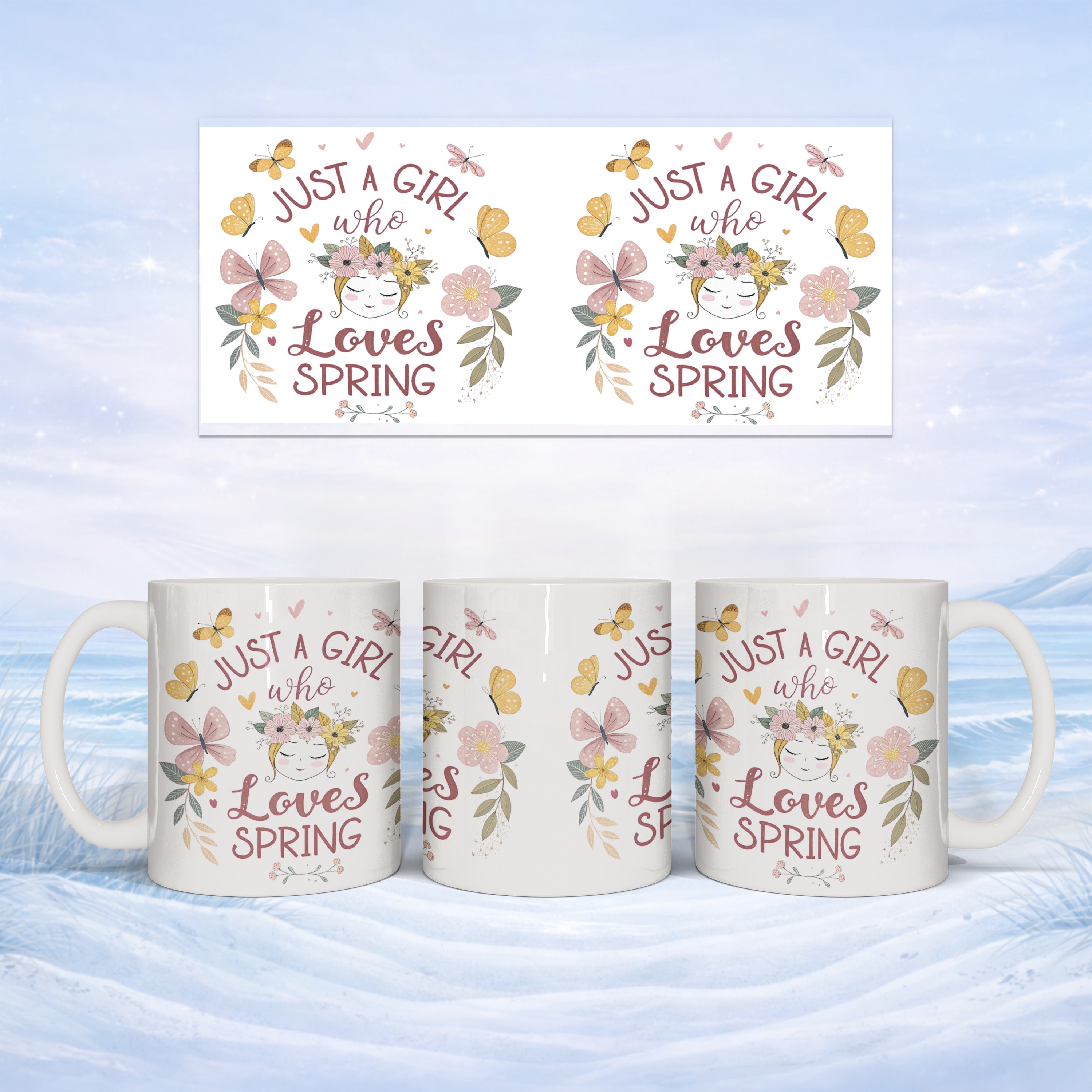 White mug with "Just a Girl Who Loves Spring" design and butterflies.