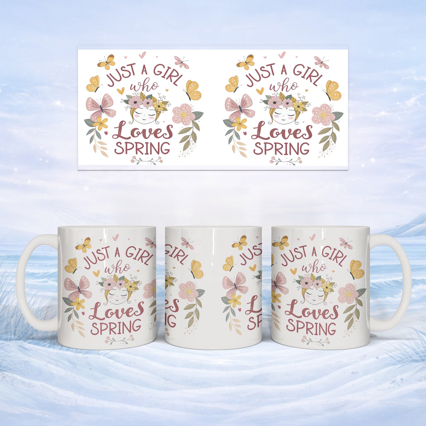 White mug with "Just a Girl Who Loves Spring" design and butterflies.