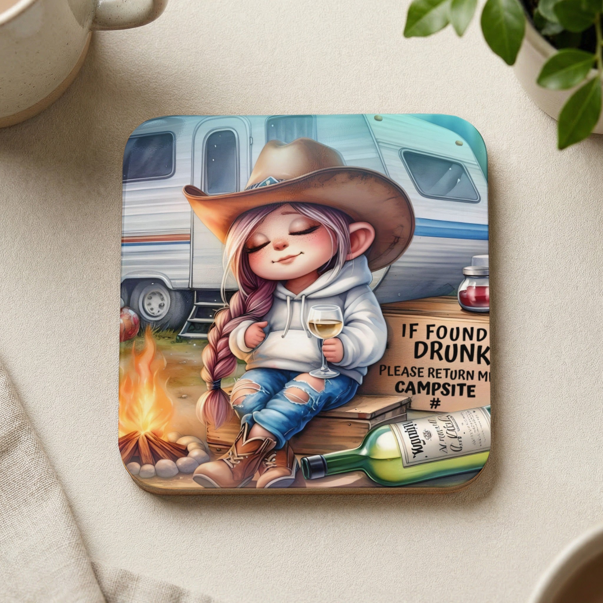 Cartoon girl in cowboy hat with wine and campfire, "If found drunk" text.